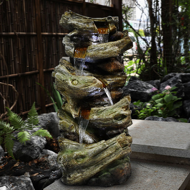 Indoor Outdoor 5-Tier Floor Rack Water Fall Fountain with White LED Light for Patio Yard Garden Lawn