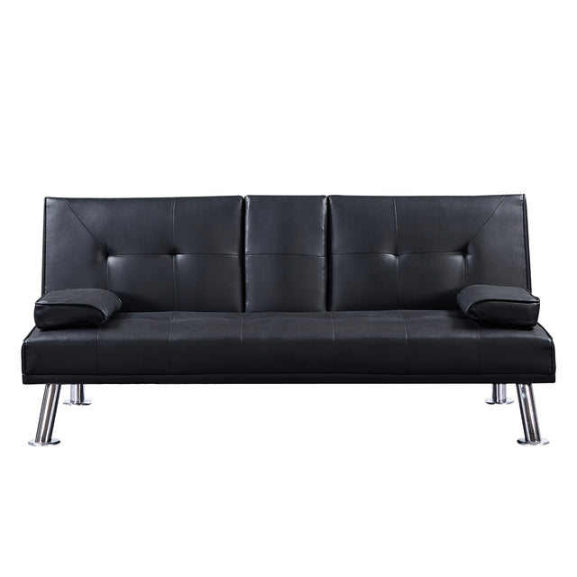 Black Faux Leather Loveseat Sofa Bed with Cup Holders , Convertible Folding Sleeper Couch Bed .