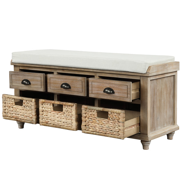 TREXM Rustic Storage Bench with 3 Drawers and 3 Rattan Baskets, Shoe Bench for Living Room, Entryway (White Washed)