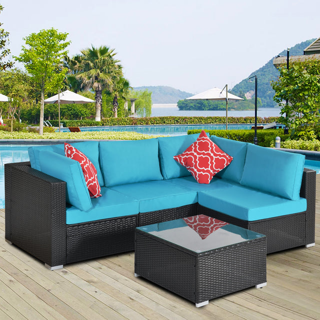 Outdoor Garden Patio Furniture 5-Piece PE Rattan Wicker Cushioned Sofa Sets with 2 Pillows and Coffee Table.outdoor couch;outdoor sectional;porch furniture;patio couch;outdoor sofa;patio furniture set