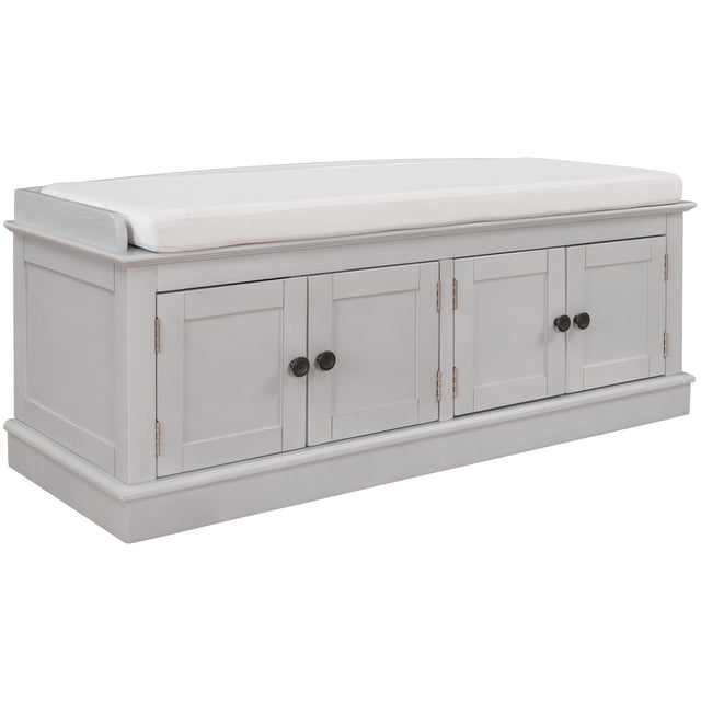 TREXM Storage Bench with 4 Doors and Adjustable Shelves, Shoe Bench with Removable Cushion for Living Room, Entryway (Gray Wash)