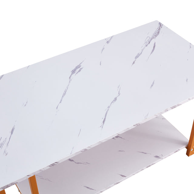D&N Coffee Table, 2 Layers 1.5cm Thick Marble MDF Rectangle 39.37" L Tabletop Iron Coffee Table , Dining Room, Coffee Shop, Resterant, White Top, Gold Leg