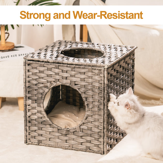 Rattan Cat Litter,Cat Bed with Rattan Ball and Cushion,Grey