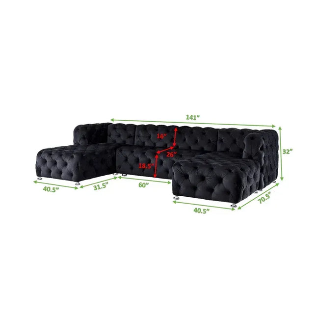 Donna U-Shaped Sectional in Black Finished with Velvet Fabric