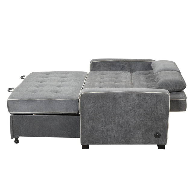 65.7" Linen Upholstered Sleeper , Pull Out Sofa Couch attached two throw pillows,Dual USB Charging Port and Adjustable Backrest for Living Room Space,Charcoal Gray