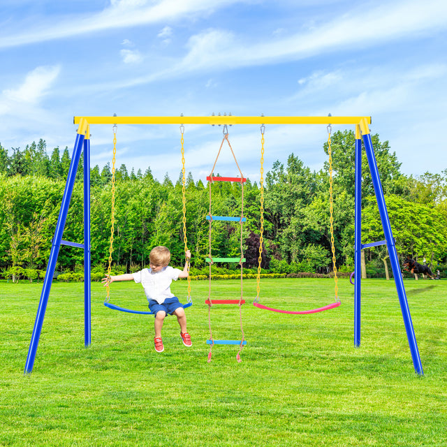 Outdoor Toddler Swing Set for Backyard, Playground Swing Sets with Climbing Ladder, Swing and Climbing Playset for Kids