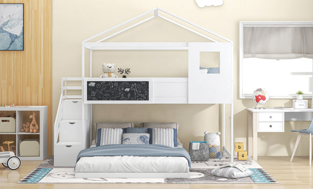 Twin over Full House Bunk Bed with Storage Staircase and Blackboard,White
