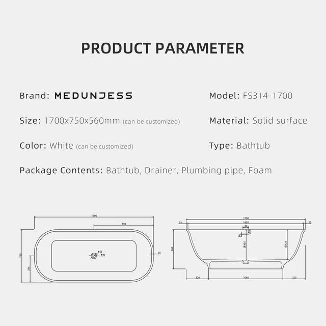 1700mm solid surface bathtub for bathroom
