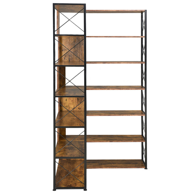 7-Tier Bookcase Home Office Bookshelf, L-Shaped Corner Bookcase with Metal Frame, Industrial Style Shelf with Open Storage, MDF Board