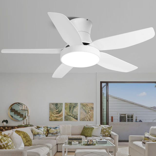 Indoor Low Profile Ceiling Fan with LED Light and Remote Control,Ultra Quiet Flush Mount Fan with 6 Speed DC Motor and Energy Efficient Light with 3 Color, 46 Inch, Fresh White Finish