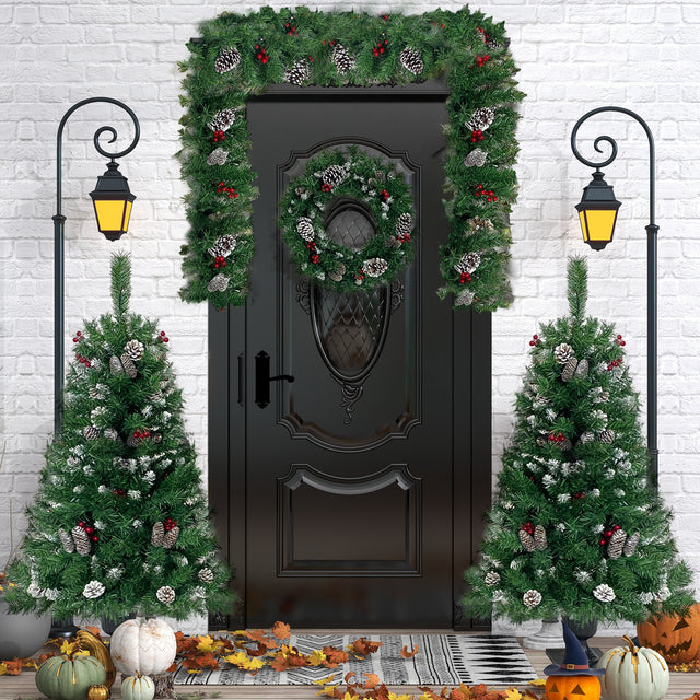 Pre-lit Xmas Tree Artificial Christmas 4-Piece Set,Garland, Wreath and Set of 2 Entrance Trees X-mas