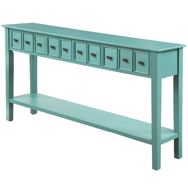 TREXM Rustic Entryway Console Table, 60" Long Sofa Table with two Different Size Drawers and Bottom Shelf for Storage (Blue)