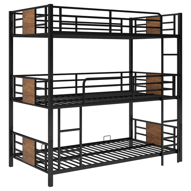 Twin Size Triple Metal Bunk Bed, with Wood Decoration Headboard and Footboard, Brown