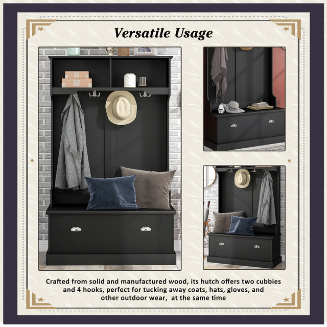 ON-TREND Hall Tree with 4 Hooks, Coat Hanger, Entryway Bench, Storage Bench, 3-in-1 Design, for Livingroom, Hallway (BLACK)