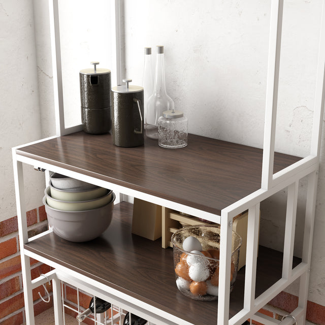 TOPMAX Updated Industrial Modern 5-Tier Baker Rack, Freestanding Bar Wine Rack Table with Glass& Cup Holders&Hooks, Dark Brown