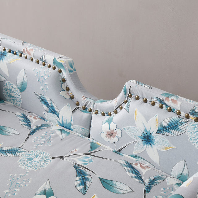 61“Width Modern Accent Printed Fabric Upholstered Loveseat Settee Nailhead Trimming Curved Backrest Rolled Arms Couch with Washable Cushion Cover Silver Metal Legs Living Room Set,Flower