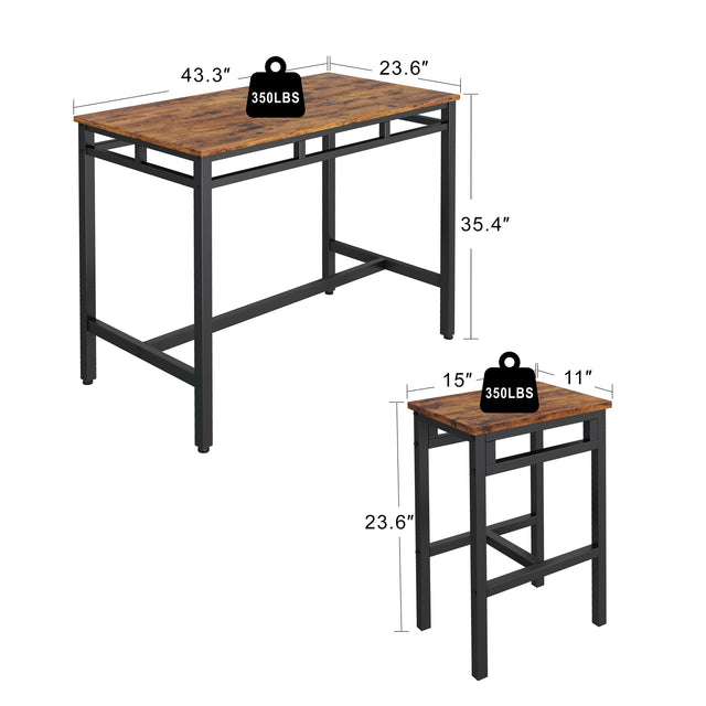 Bar table set 5PC Dinging table set with high stools, structural strengthening, industrial style. Rustic Brown, 43.31'' L x 23.62'' W x 35.43'' H.