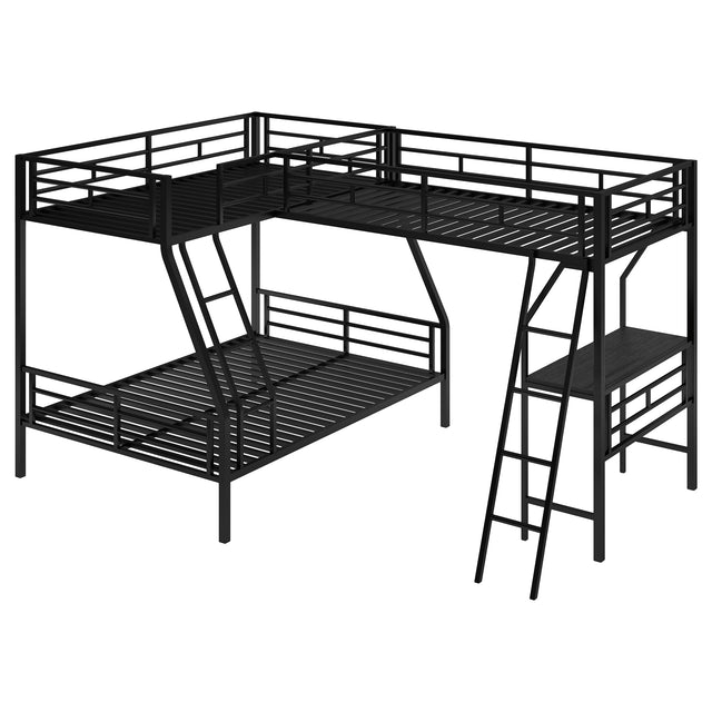 Twin over Full Bunk Bed with a Twin Size Loft Bed attached, with a Desk, Metal, Black