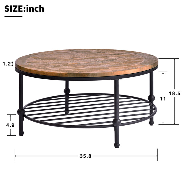 TREXM Rustic Natural Round Coffee Table with Storage Shelf for Living Room, Easy Assembly (Round)