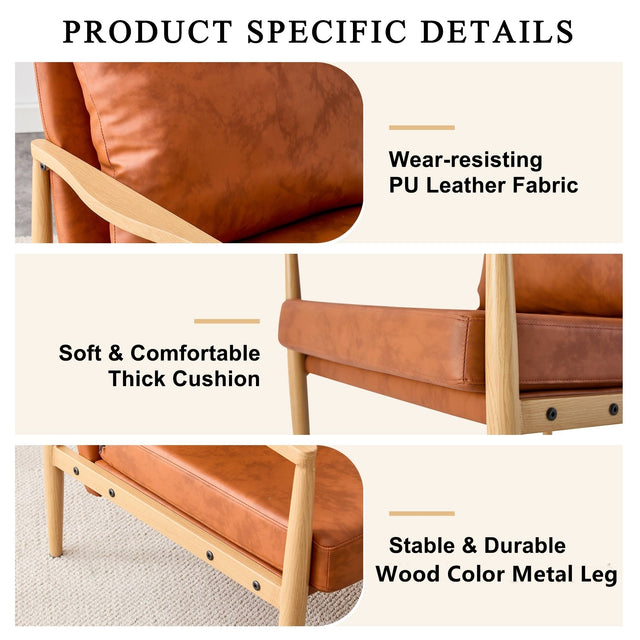 PU Leather Accent Arm Chair Mid Century Modern Upholstered Armchair with Imitation solid wood color Metal Frame Extra-Thick Padded Backrest and Seat Cushion Sofa Chairs for Living Room