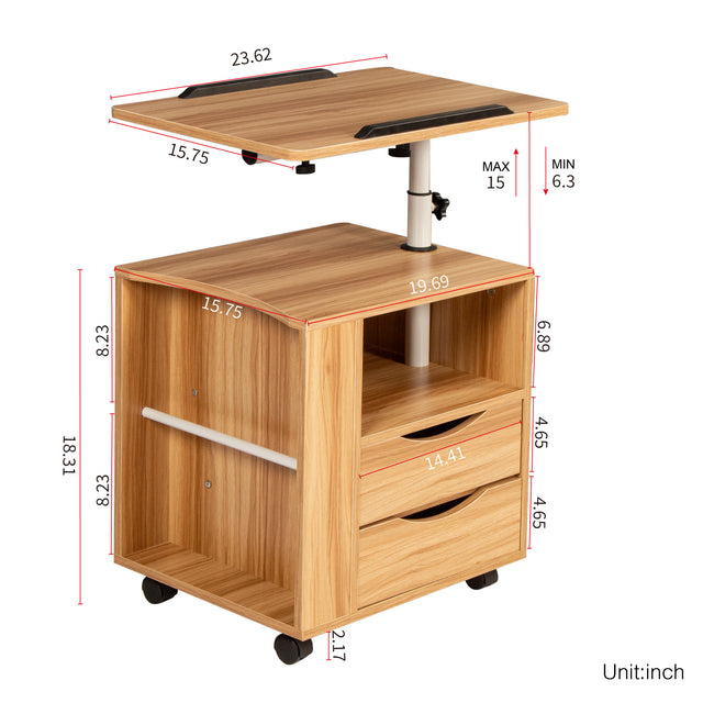 Height Adjustable Overbed End Table Wooden Nightstand with Swivel Top, Storage Drawers, Wheels and Open Shelf, (White Maple)