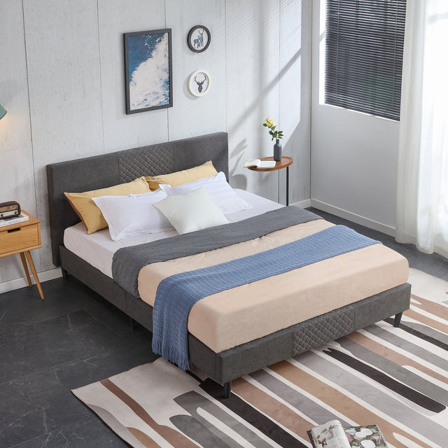 Queen Size Velvet Upholstered Tufted Platform Bed Frame / Mattress Foundation / Wood Slat Support / No Box Spring Needed / Easy Assembly, Queen, Platform Bed Only, Dark Grey