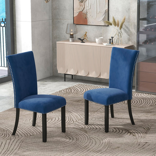 Set of 2 Dining Chairs, Velvet-upholstered Chairs with Nailhead-trimmed, Rubber Wood Legs , Blue, size: 19.75” W x26.5” D x40.75”H