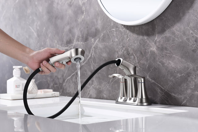 Bathroom Faucets for Sink 3 Hole,Brushed Nickel Bathroom Faucet with Pull Out Multi Functional Sprayer,Vanity Sink Faucet 2 Handle Centerset 4 inch Pull Down Faucet with 2 Water Lines,RV Camper Faucet