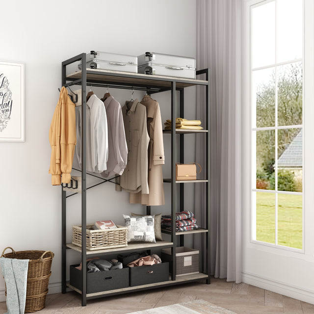 JHX Organized Garment Rack with Storage, Free-Standing Closet System with Open Shelves and Hanging Rod(Grey,45.3’’w x 15.75’’d x 70.08’’h).