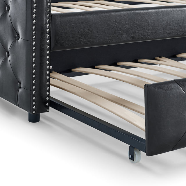 Daybed with Trundle Upholstered Tufted Sofa Bed, with Button and Copper Nail on Arms,both Twin Size, PU Black(85.5“x42”x30.5“)