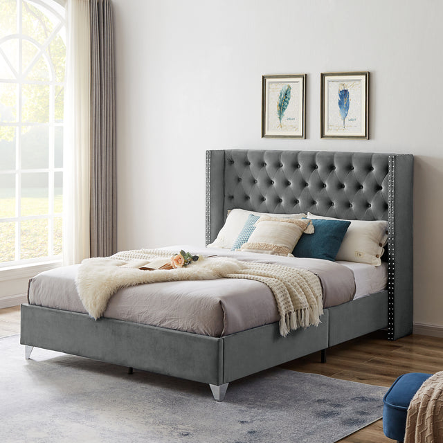B100S Queen bed, Button designed Headboard, strong wooden slats + metal support feet, Gray Flannelette