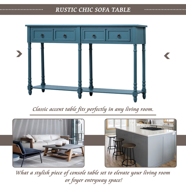 TREXM Console Table Sofa Table with Drawers and Long Shelf Rectangular Living Room Table Solid Wood (Antique Navy)