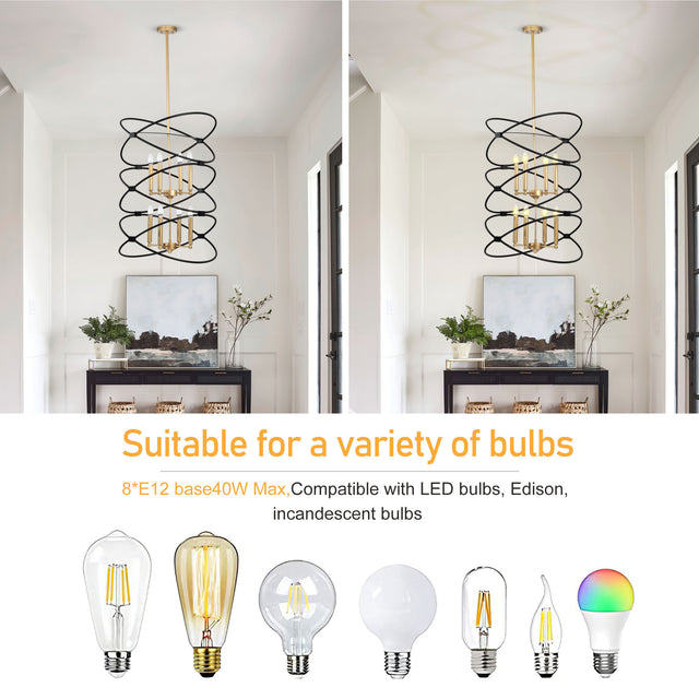 【Video】Transitional Gold/Matte Black Metal Chandelier Fixture,8 lights ,2-Tier-Candle Ceiling Light for Living Room, Bedroom, Dining Room,Dimmable,E12,W23.6*H55
