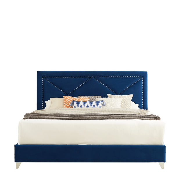 B109 King bed .Beautiful brass studs adorn the headboard, strong wooden slats + metal legs with Electroplate