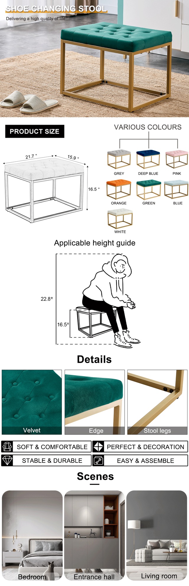 Velvet Shoe Changing Stool,Dark Green Footstool, Square Vanity Chair, Sofa stool,Makup Stool .Vanity Seat ,Rest stool. Piano Bench .Suitable for Clothes Shop,Living room, porch, fitting room Bedroom