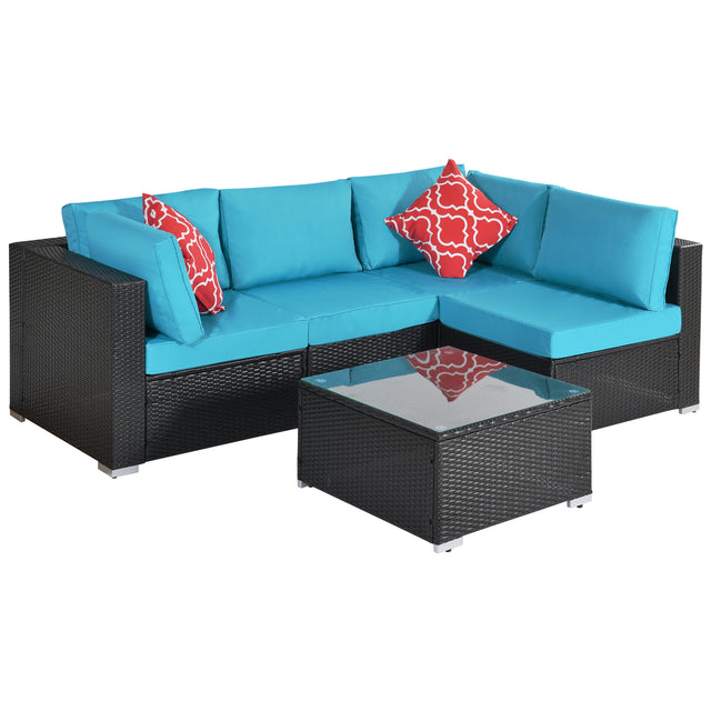 Outdoor Garden Patio Furniture 5-Piece PE Rattan Wicker Cushioned Sofa Sets with 2 Pillows and Coffee Table.outdoor couch;outdoor sectional;porch furniture;patio couch;outdoor sofa;patio furniture set