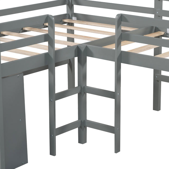 Twin Size L-Shaped Loft Bed with Movable Two-Tier Shelves and Slide,Gray