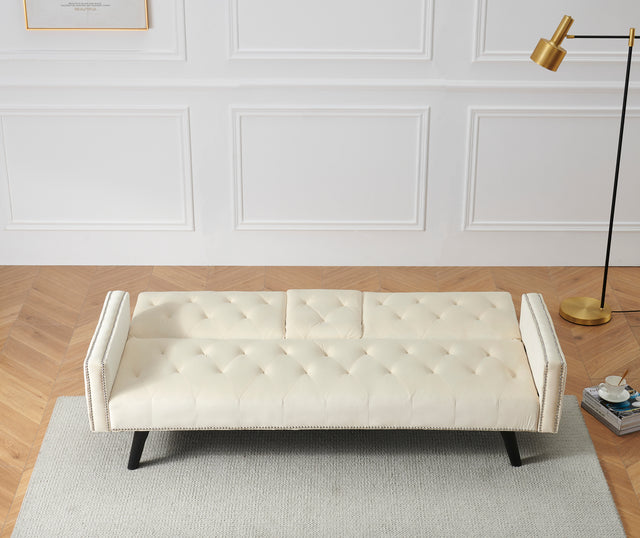 1730 Sofa Bed Armrest with Nail Head Trim with Two Cup Holders 72" Beige Velvet Sofa for Small Spaces