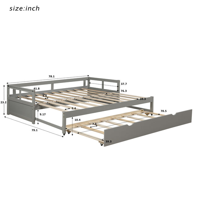 Extending Daybed with Trundle, Wooden Daybed with Trundle, Gray