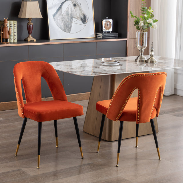 A&A Furniture,Akoya Collection Modern | Contemporary Velvet Upholstered Dining Chair with Nailheads and Gold Tipped Black Metal Legs, Orange,Set of 2