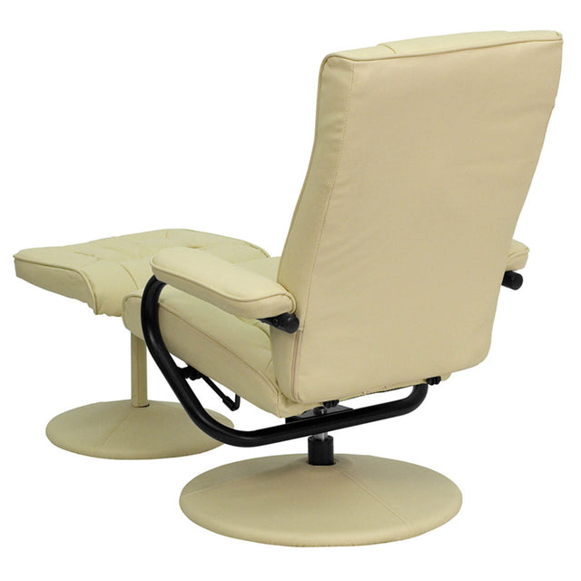 Contemporary Cream Leather Recliner and Ottoman with Leather Wrapped Base
