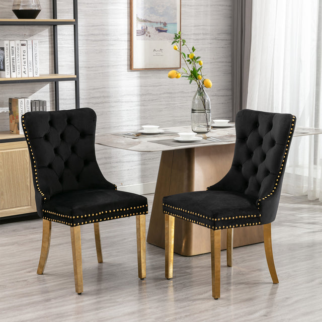 A&A Furniture,Nikki Collection Modern, High-end Tufted Solid Wood Contemporary Velvet Upholstered Dining Chair with Golden Stainless Steel Plating Legs,Nailhead Trim,Set of 2,Black and Gold, SW1601BK