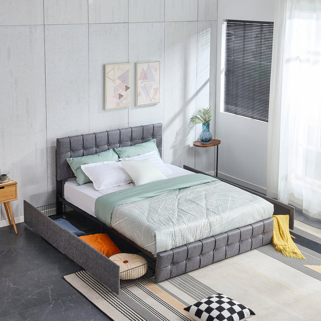 Hot Sale Queen Size Dark Grey Tech cloth Button Embedded Adjustable Headboard Height Upholstered Platform Bed Frame with Storage Drawers