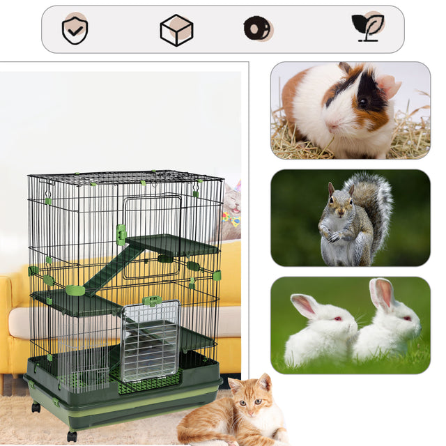 4-Tier 32"Small Animal Metal Cage Height Adjustable with Lockable Casters Grilles Pull-out Tray for Rabbit Chinchilla Ferret Bunny Guinea Pig Squirrel Hedgehog(GREEN)(=OLD SKU:W69133216)