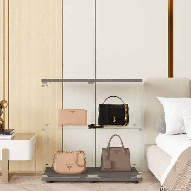 Two-door Glass Display Cabinet 2 Shelves with Door, Floor Standing Curio Bookshelf for Living Room Bedroom Office, 35.35” x 31.69”x 14.37”, Black