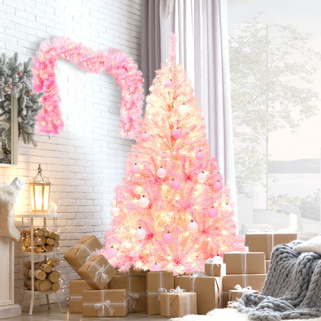 Pre-lit Artificial Christmas 2-Piece Set, Xmas Tree 5FT Pink Christmas Tree with 6 feet Garland X-mas