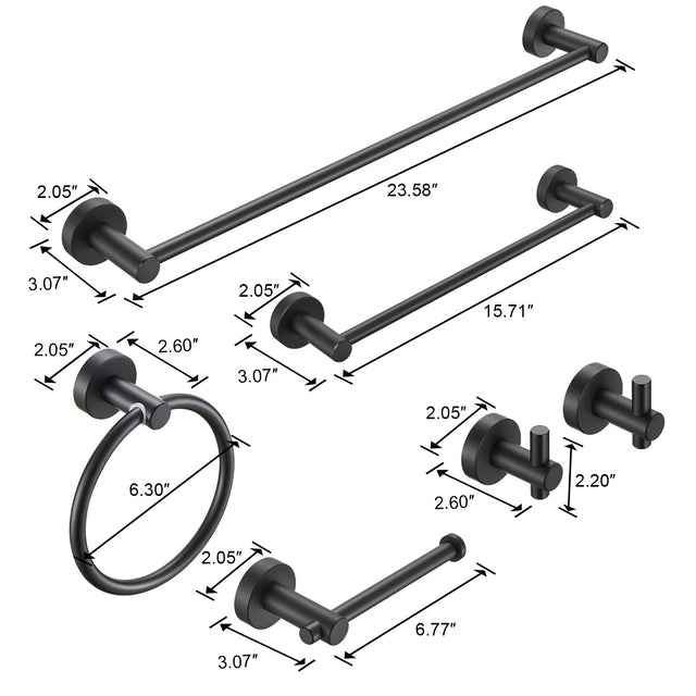 Bathroom Hardware Set, Thicken Space Aluminumm 6 PCS Towel bar Set- Matte Black 24 Inches Wall Mounted