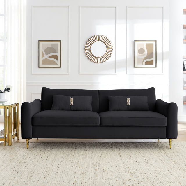 80.3" Modern Sofa Couch Upholstered Sofa Tufted Back Comfy Velvet Long Couch with 2 Pillows and Golden Legs for Living Room, Bedroom, Office, Apartment, Black