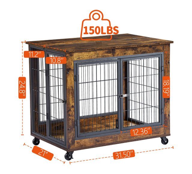 JHX Furniture Dog Cage Crate with Double Doors on Casters(Rustic Brown,31.50''W*22.05''D*24.8''H)