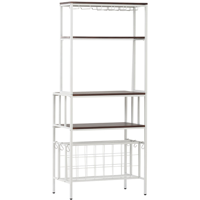 TOPMAX Updated Industrial Modern 5-Tier Baker Rack, Freestanding Bar Wine Rack Table with Glass& Cup Holders&Hooks, Dark Brown